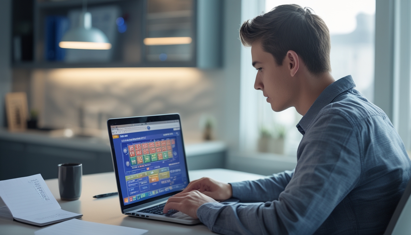 Seorang pria muda duduk di meja dengan laptop dan catatan, terlihat fokus mempelajari strategi permainan judi online.