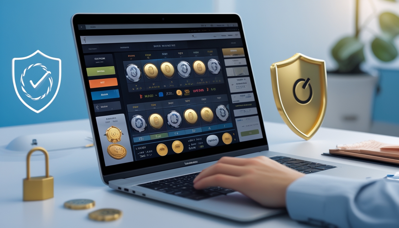 Seorang pengguna sedang melihat layar komputer yang menampilkan situs taruhan online dengan ikon jackpot dan simbol keamanan di latar belakang kantor yang rapi.