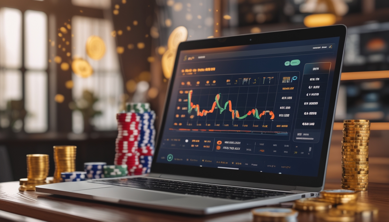 Suasana meja kerja dengan komputer yang menampilkan layar taruhan online dan chip judi serta kartu bermain di sekitarnya.