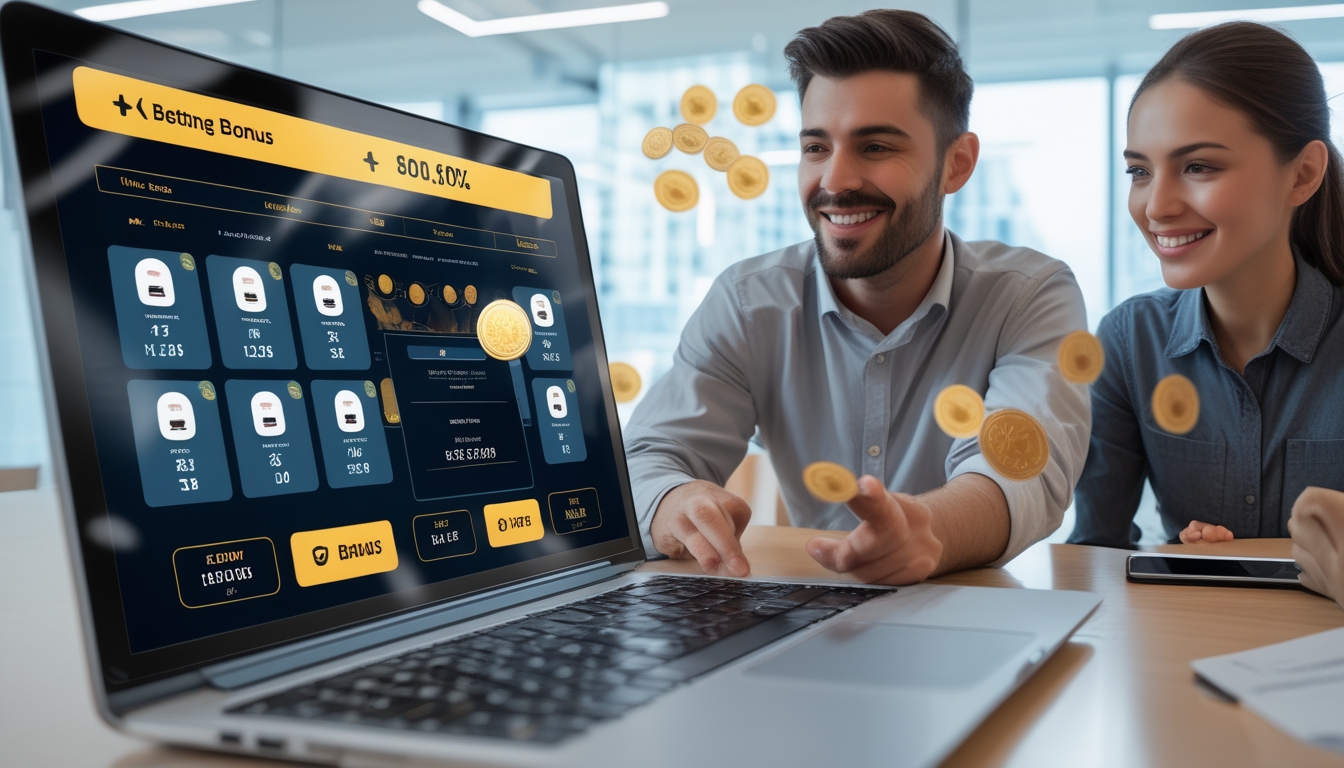 Dua orang dewasa muda menggunakan laptop di kantor modern, melihat layar dengan antusias dan berdiskusi tentang platform judi online.