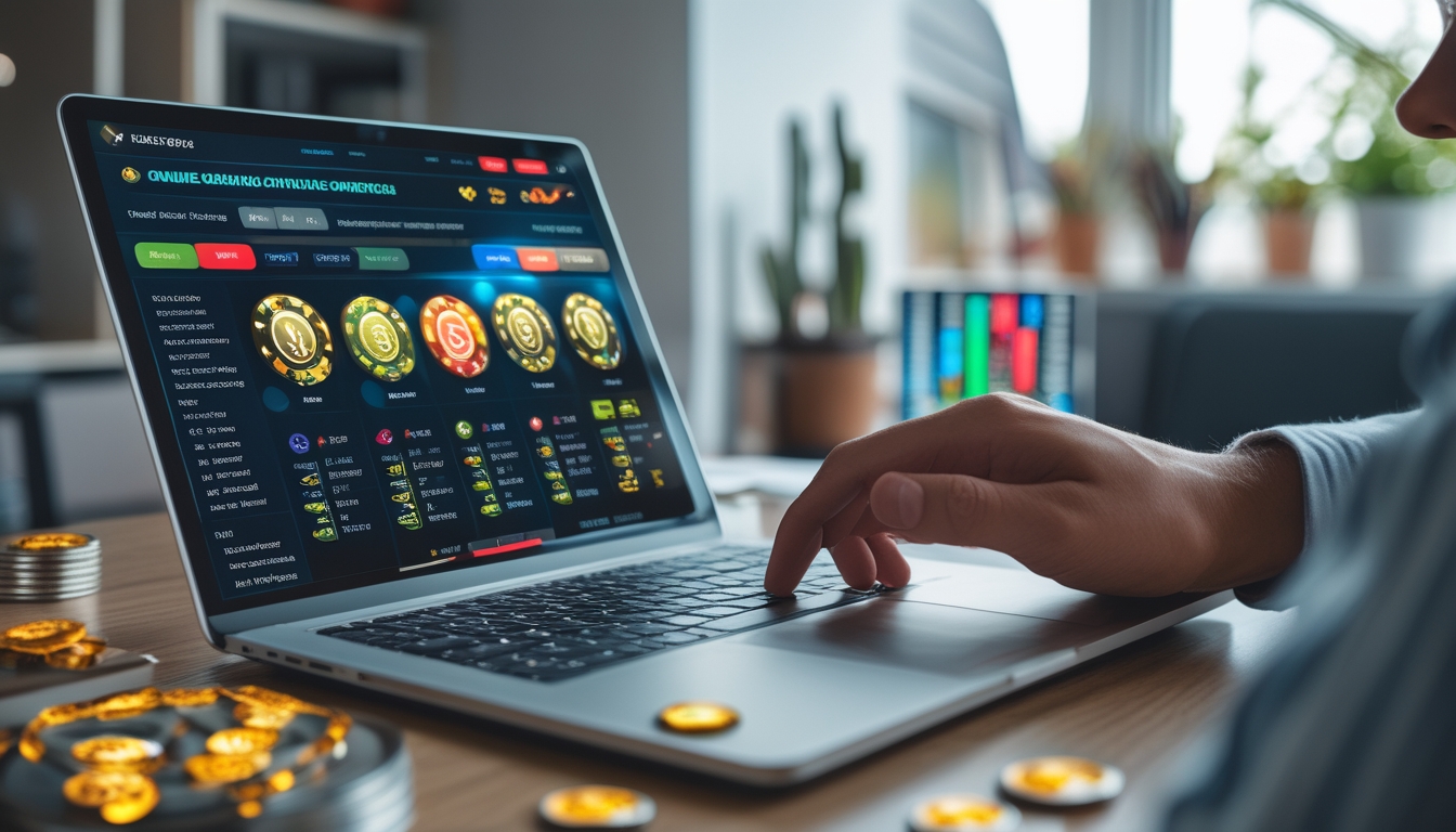 Seseorang menggunakan laptop dengan tampilan platform judi online yang penuh warna di ruang kerja modern.