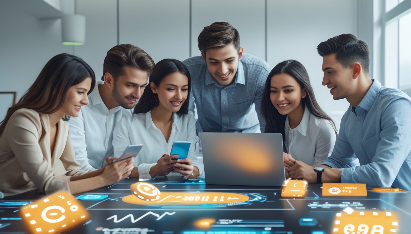 Sekelompok orang muda menggunakan laptop dan ponsel di kantor modern, melakukan transaksi online dengan aman dan cepat.