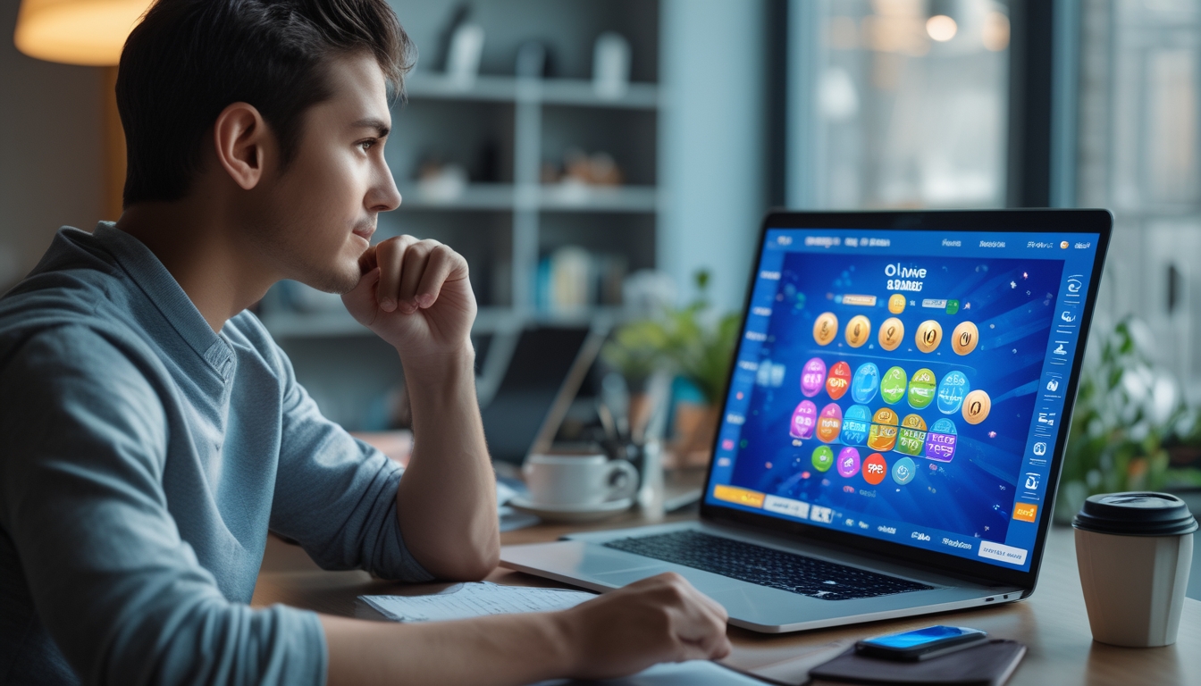Seseorang duduk di depan laptop di meja kerja modern, fokus melihat layar dengan suasana kantor rumah yang terang dan rapi.