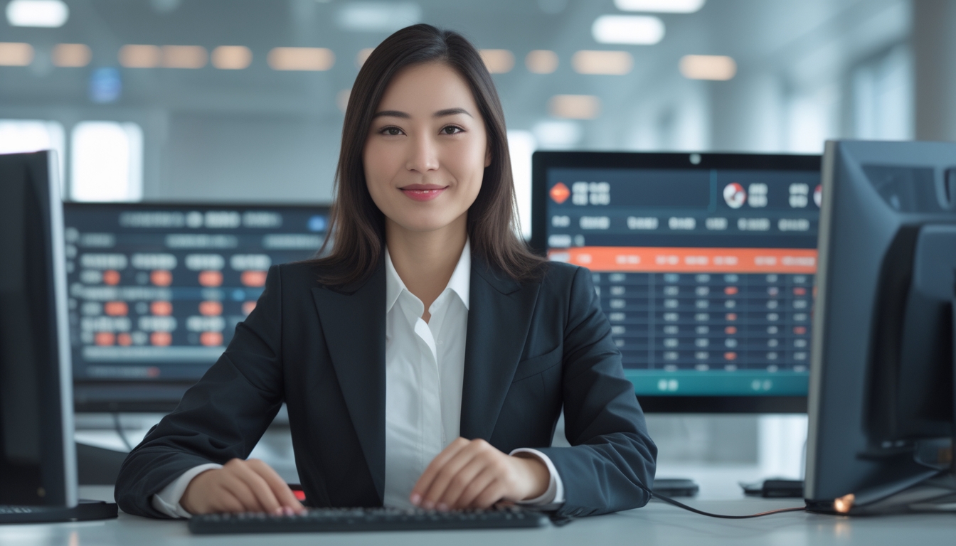 Seorang wanita Asia duduk di meja kerja dengan beberapa layar komputer yang menampilkan statistik taruhan, terlihat percaya diri dan fokus.