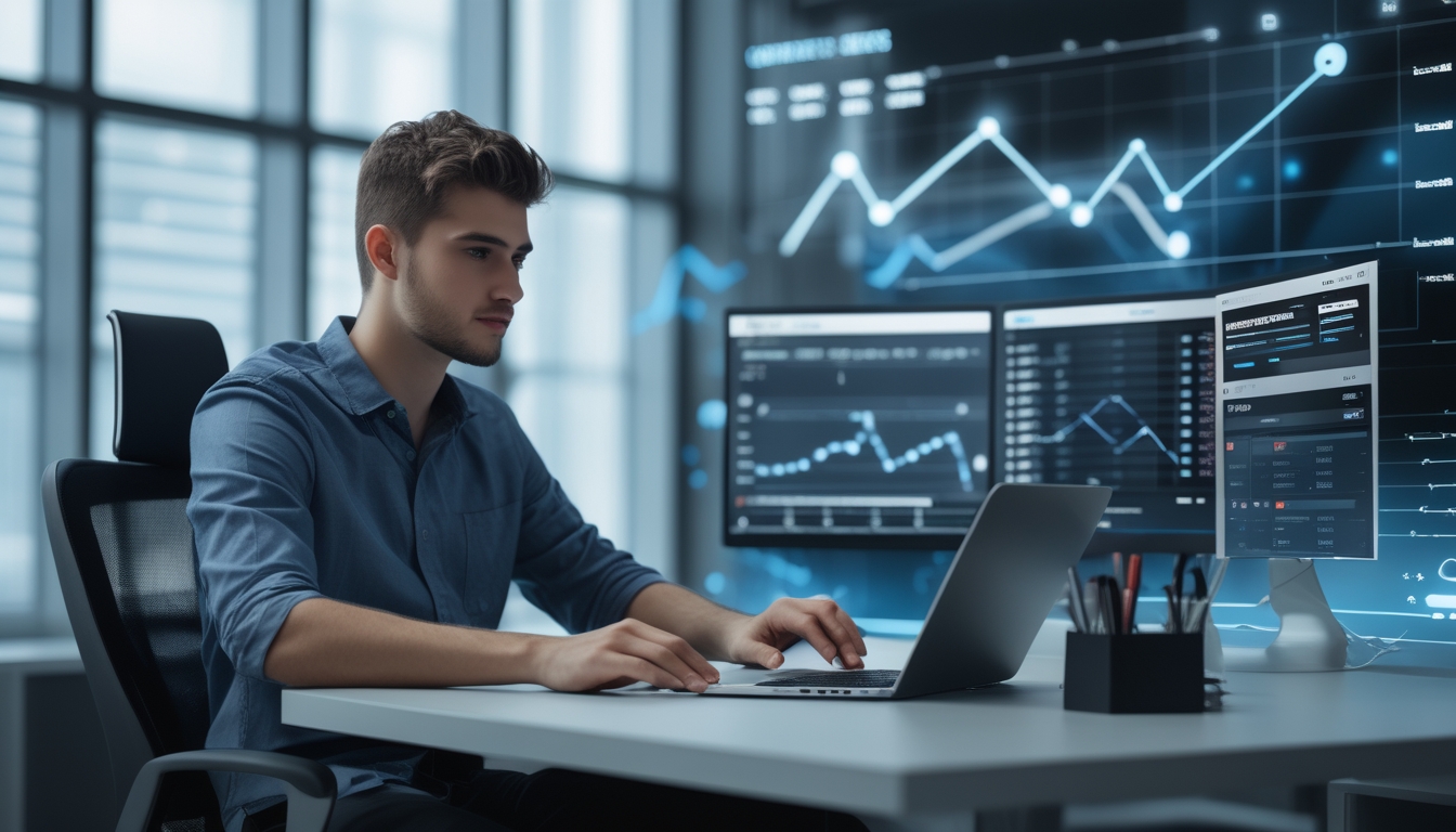 Seorang pria muda duduk di meja modern dengan beberapa layar komputer menampilkan grafik dan peluang taruhan, terlihat fokus dan serius dalam mengamati data.