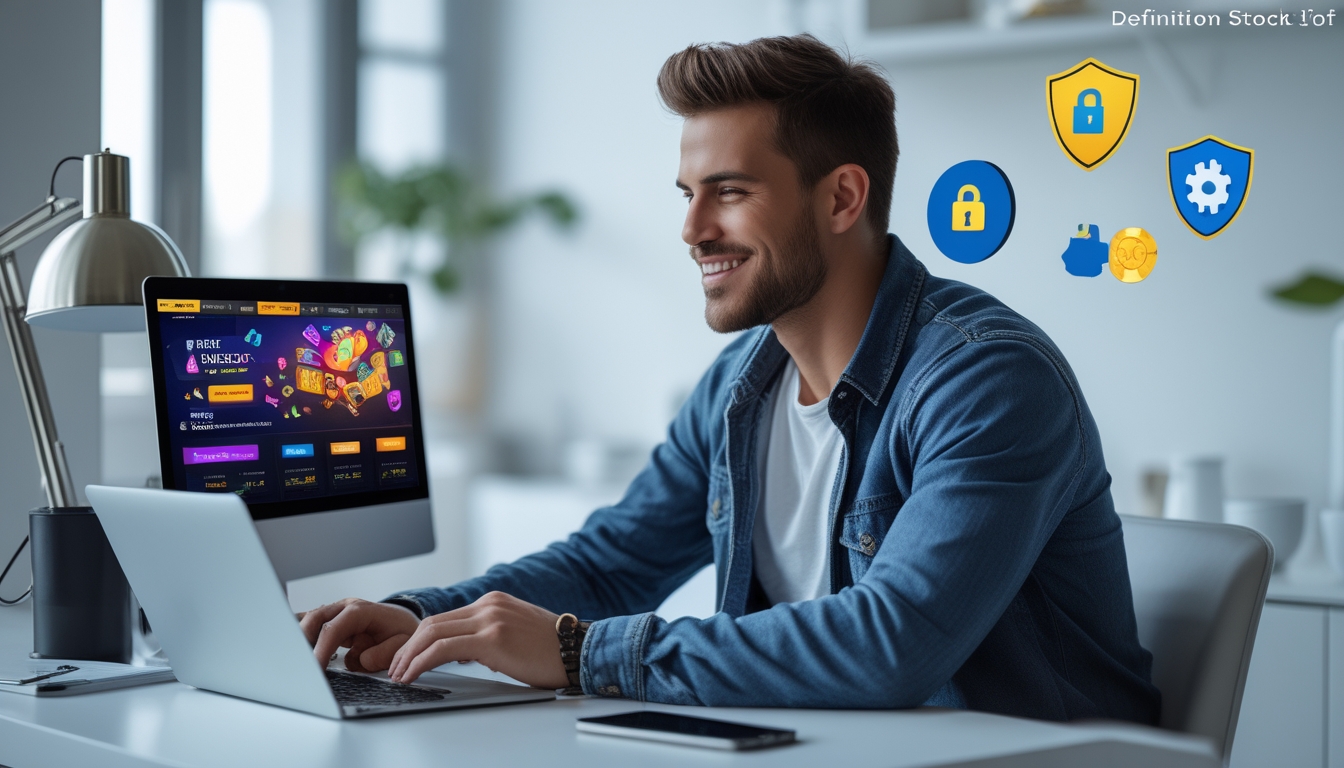 Seorang pria muda duduk di meja dengan laptop, terlihat fokus dan senang menggunakan situs judi online di ruang kerja yang terang dan rapi.