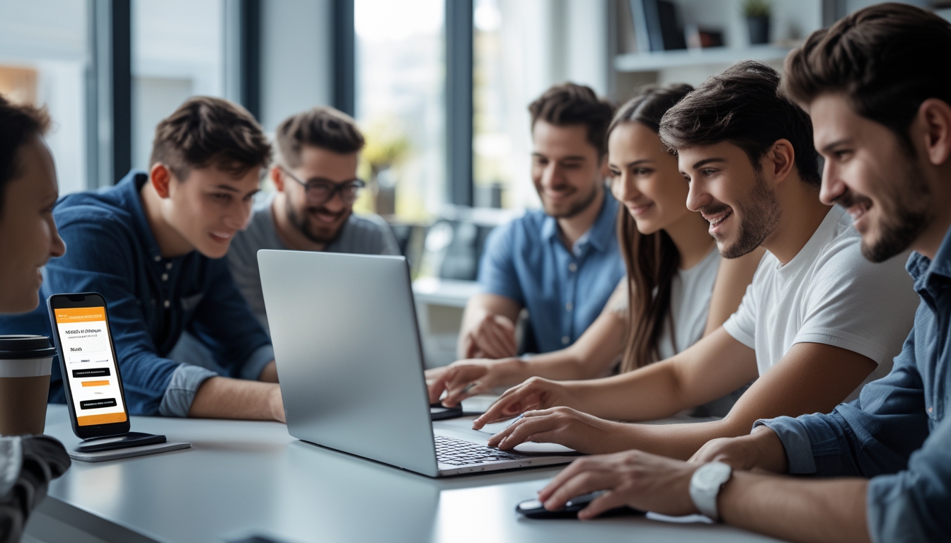 Sekelompok orang muda sedang mendaftar dan bermain di situs judi online dengan laptop di meja kerja.