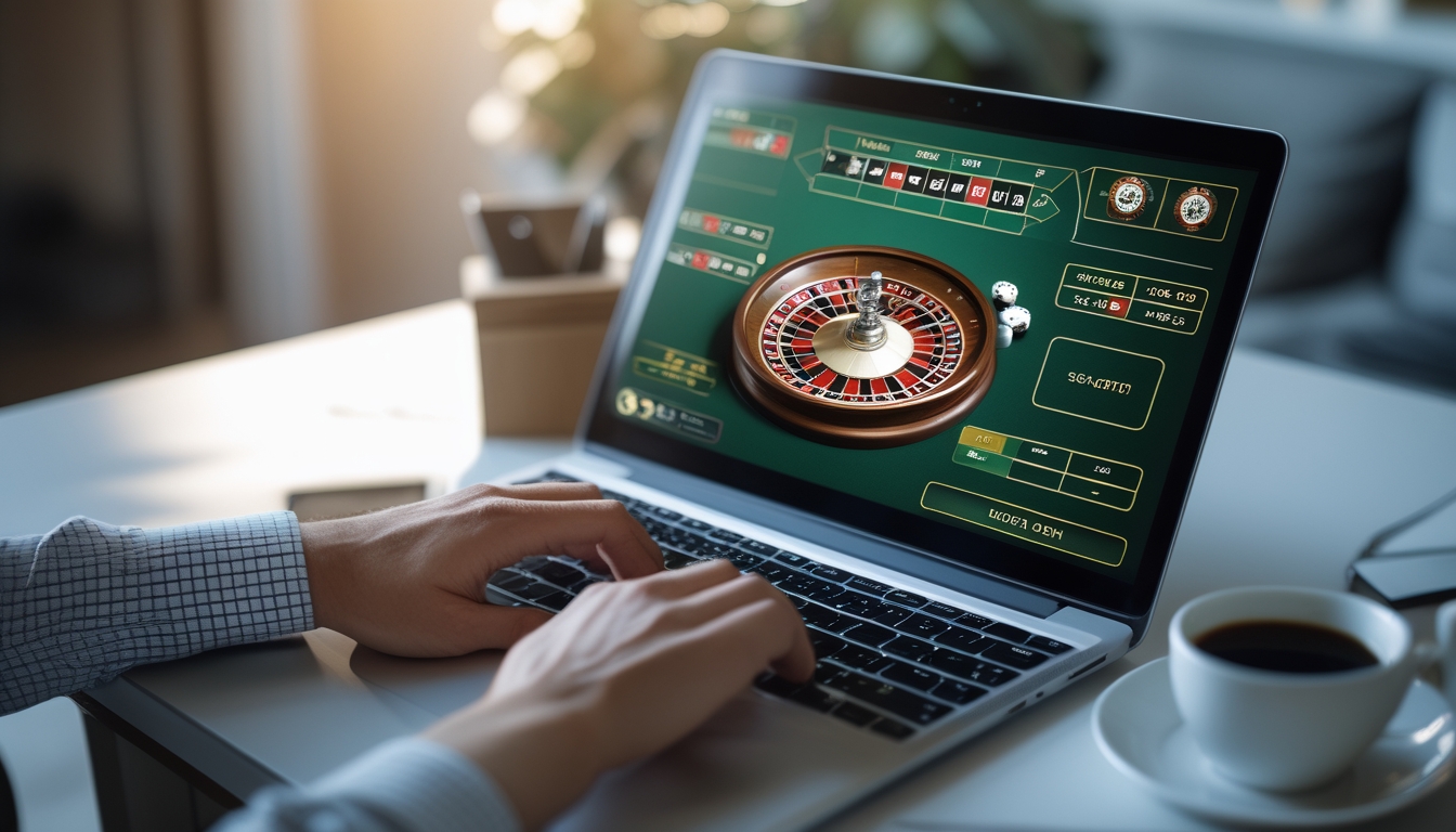 Seseorang bermain roulette online dengan komputer di meja yang rapi dalam ruangan yang nyaman dan aman.