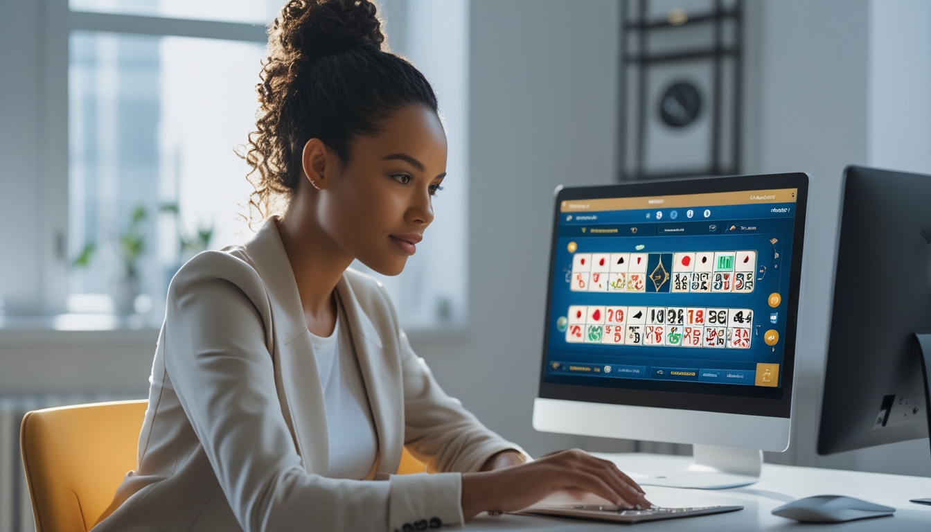 Seorang wanita muda duduk di depan laptop dengan tampilan permainan roulette online, terlihat fokus dan serius memilih platform yang aman.