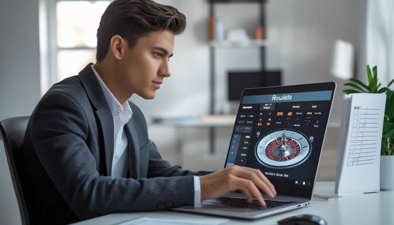 Seorang dewasa muda duduk di meja modern sambil fokus bermain roulette online di laptop dalam ruangan yang terang dan rapi.