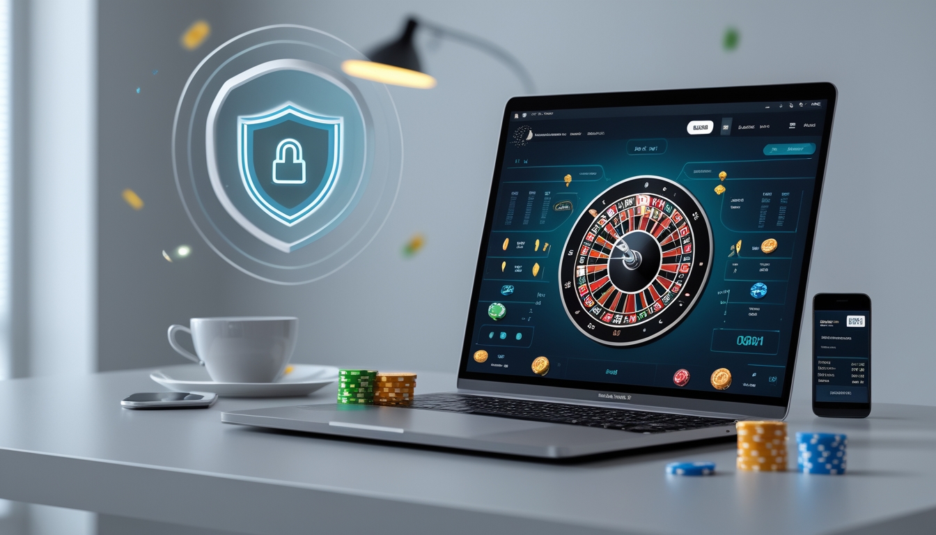 Seorang pengguna sedang bermain roulette online di komputer dengan tampilan roda roulette digital dan chip warna-warni, di meja minimalis dengan latar belakang yang rapi.