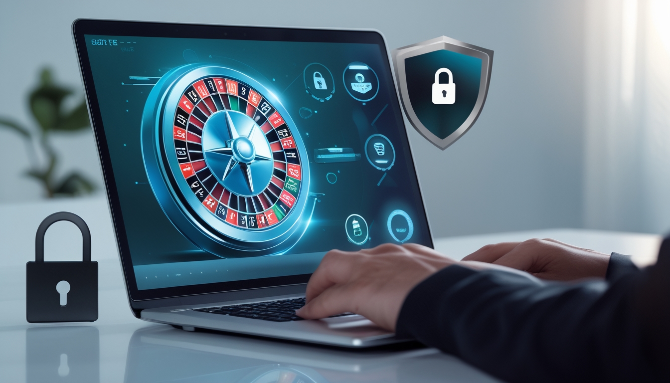 Layar komputer menampilkan roda roulette digital dengan ikon keamanan dan pembayaran cepat di sekitarnya.