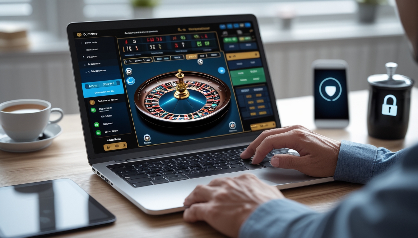 Seseorang sedang bermain roulette online di laptop di ruang kerja yang rapi dan terang.