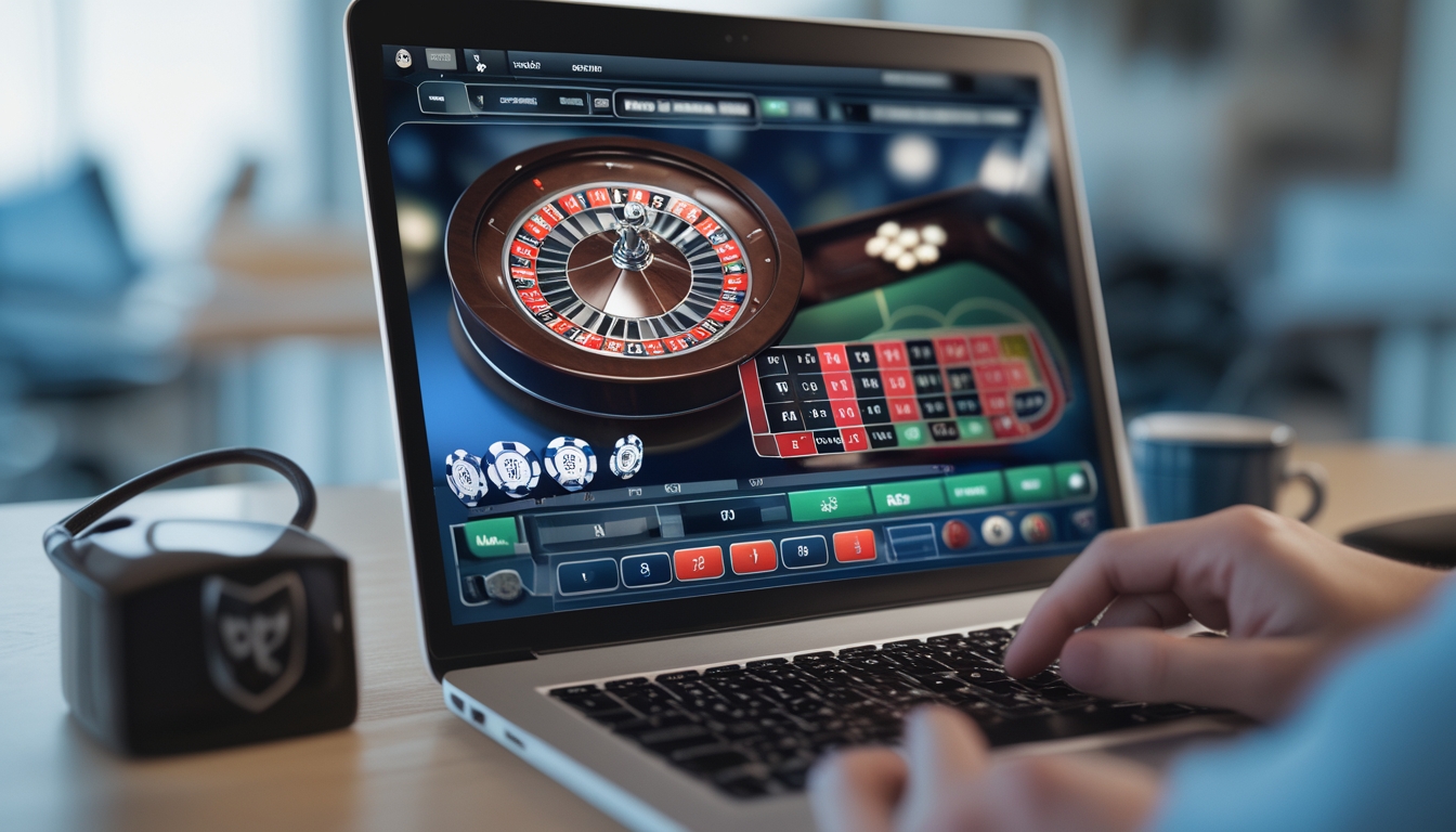 Seseorang menggunakan laptop dengan permainan roulette online yang terlihat di layar, menunjukkan suasana taruhan online yang aman dan terpercaya.