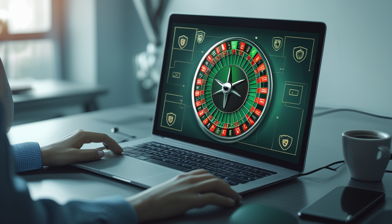Seseorang menggunakan laptop dengan tampilan roda roulette digital yang dikelilingi ikon keamanan di latar ruang kerja minimalis.