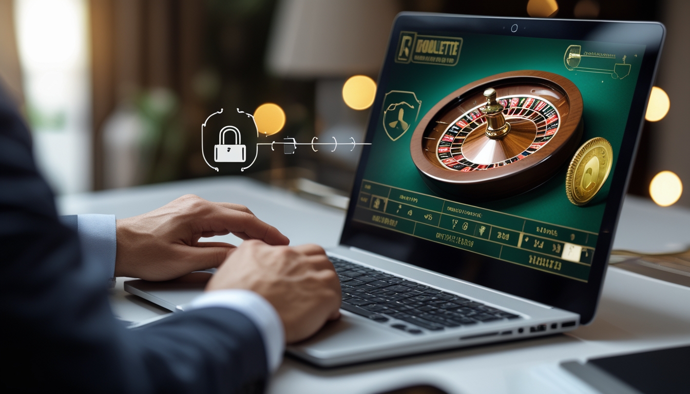 Seorang pengguna sedang bermain roulette online di komputer dengan suasana yang aman dan profesional.
