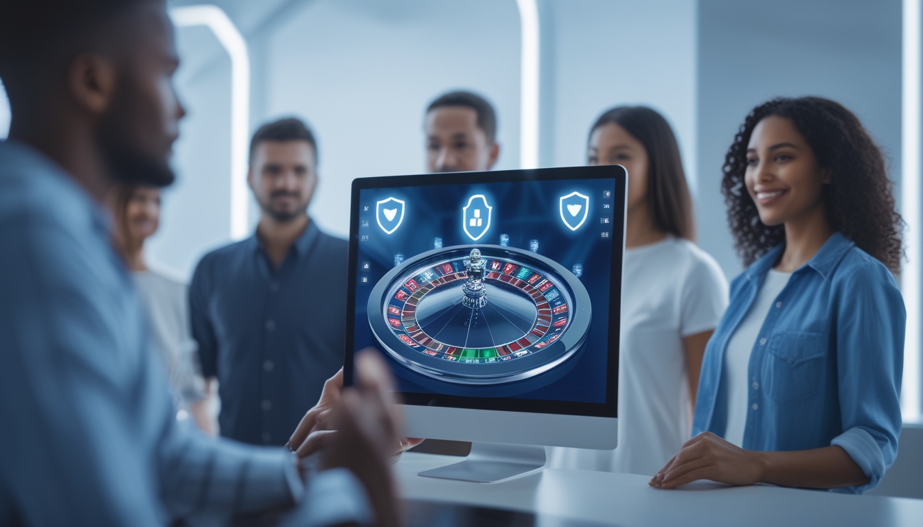 Orang-orang melihat layar perangkat dengan roda roulette digital dan ikon keamanan yang menunjukkan pengalaman judi online yang aman dan terpercaya.