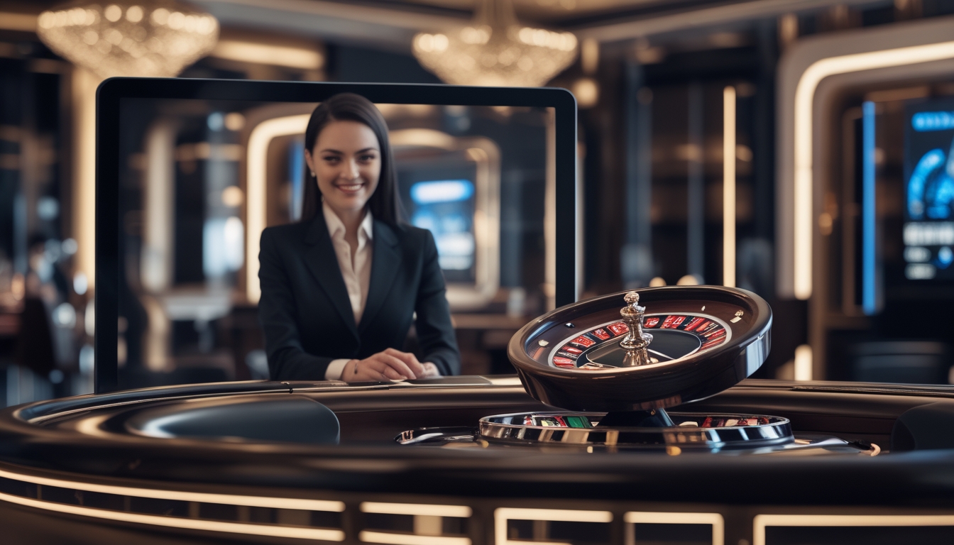 Seorang dealer live yang tersenyum di depan meja roulette modern dengan latar belakang suasana kasino yang elegan dan pencahayaan hangat.