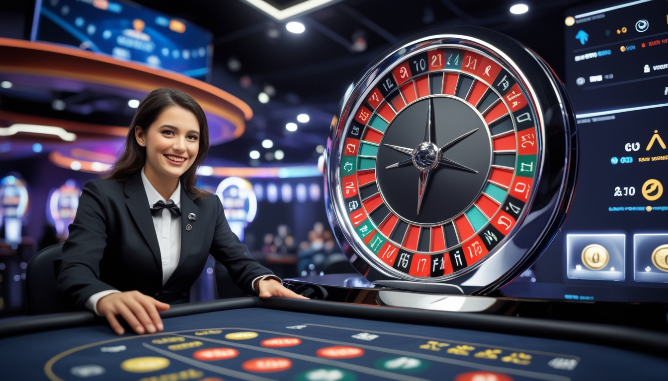 Seorang dealer langsung yang ramah sedang mengoperasikan permainan roulette online dengan roda roulette digital di layar komputer.