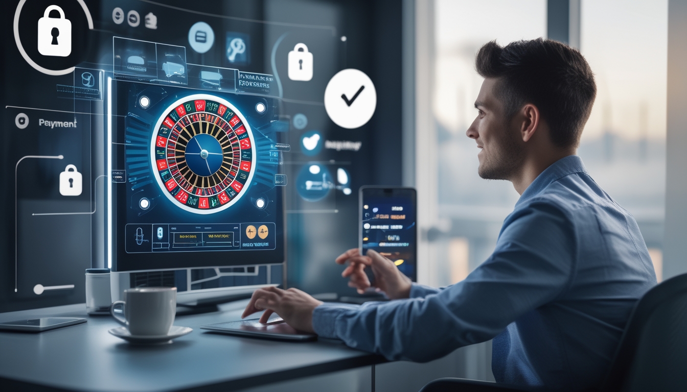 Seorang dewasa muda duduk di depan laptop dengan tampilan roda roulette online, di meja terdapat ponsel dan secangkir kopi, menunjukkan suasana bermain judi online yang aman dan terpercaya.