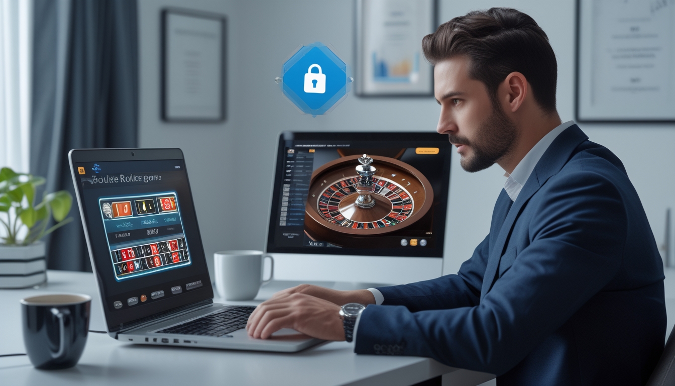 Seorang pria duduk di depan laptop di ruang kerja modern, fokus pada permainan roulette online dengan suasana yang aman dan terpercaya.