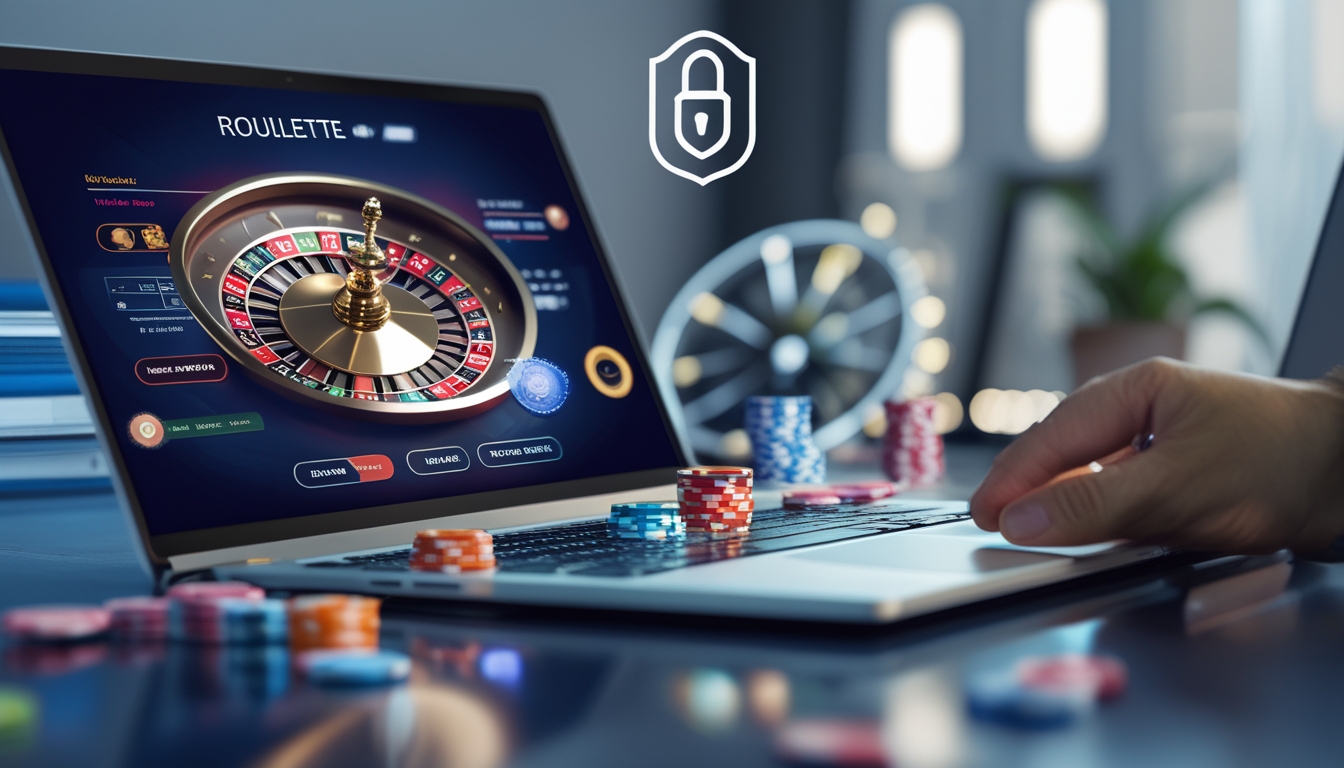 Seseorang menggunakan laptop dengan tampilan roda roulette digital dan chip warna-warni di meja kerja yang rapi dan terang.