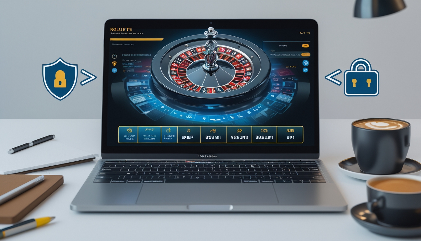 Seorang pemain sedang menggunakan komputer dengan tampilan roda roulette digital, dikelilingi simbol keamanan seperti gembok dan tanda centang, di meja kerja yang rapi.