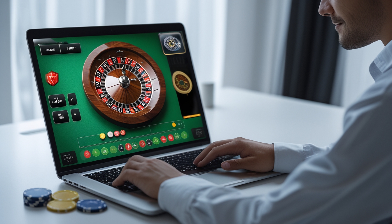 Seorang pria duduk di depan laptop yang menampilkan permainan roulette online dengan latar belakang simbol keamanan dan kepercayaan.