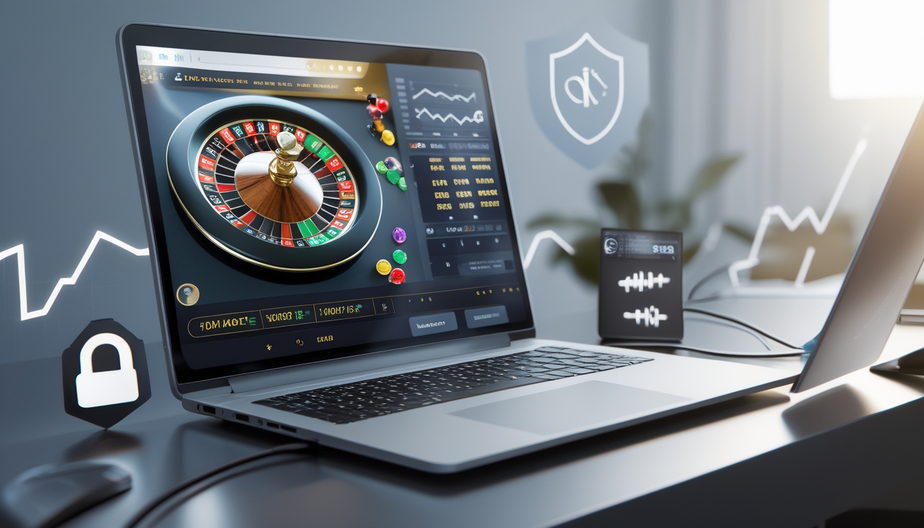 Seorang pemain sedang menggunakan komputer dengan tampilan roda roulette digital dan simbol keamanan di sekitarnya.