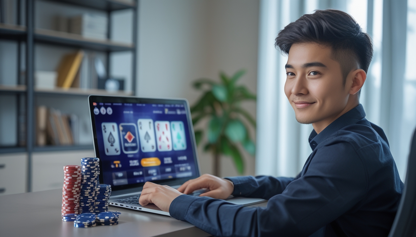 Seseorang duduk di meja kerja menggunakan laptop dengan tumpukan chip poker dan ponsel di sampingnya, menunjukkan aktivitas poker online dan keuntungan.
