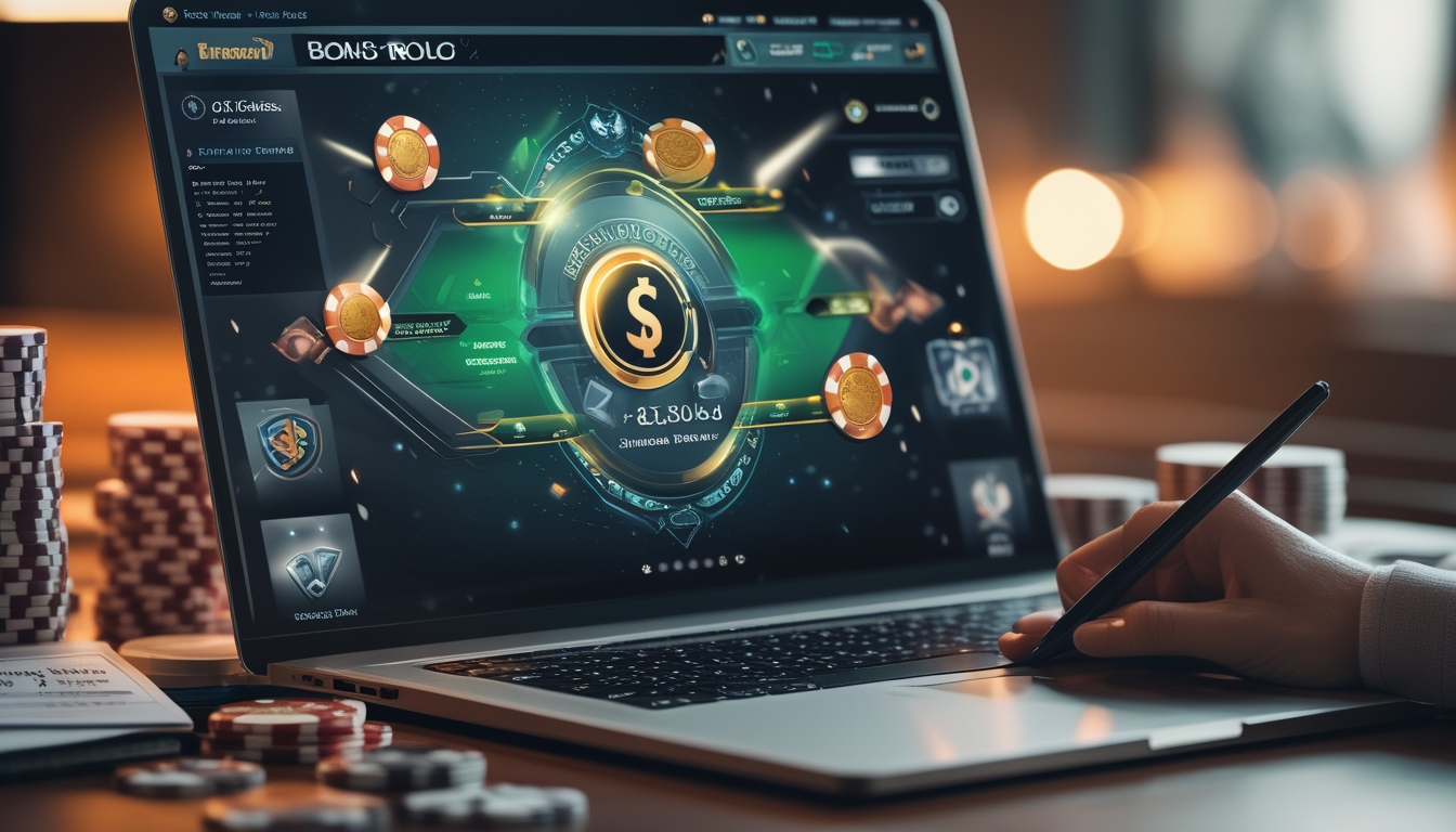 Seorang pemain poker online menggunakan laptop dengan tampilan permainan poker dan chip di meja, menunjukkan aktivitas bermain dan mendapatkan bonus.
