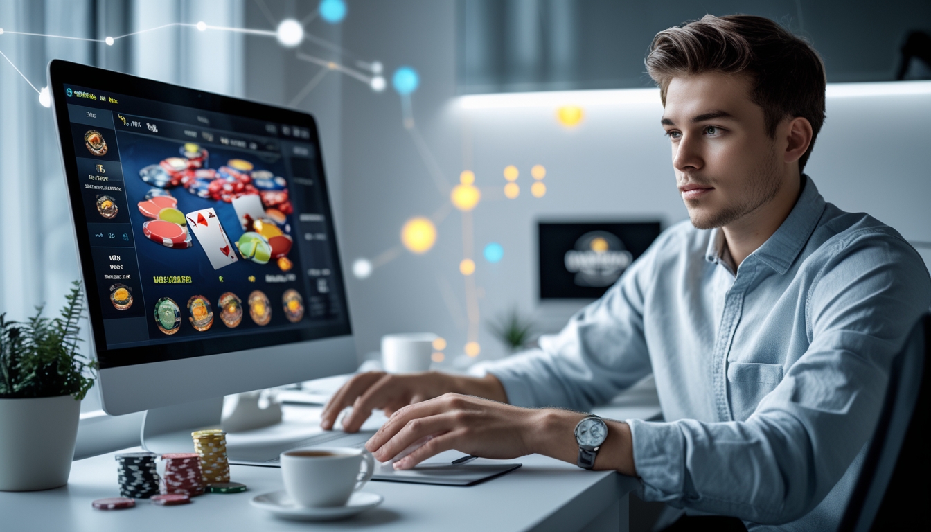 Seorang pemain muda duduk di meja dengan laptop yang menampilkan permainan poker online, di sekelilingnya terdapat chip poker, kartu, dan ponsel yang menunjukkan notifikasi bonus.