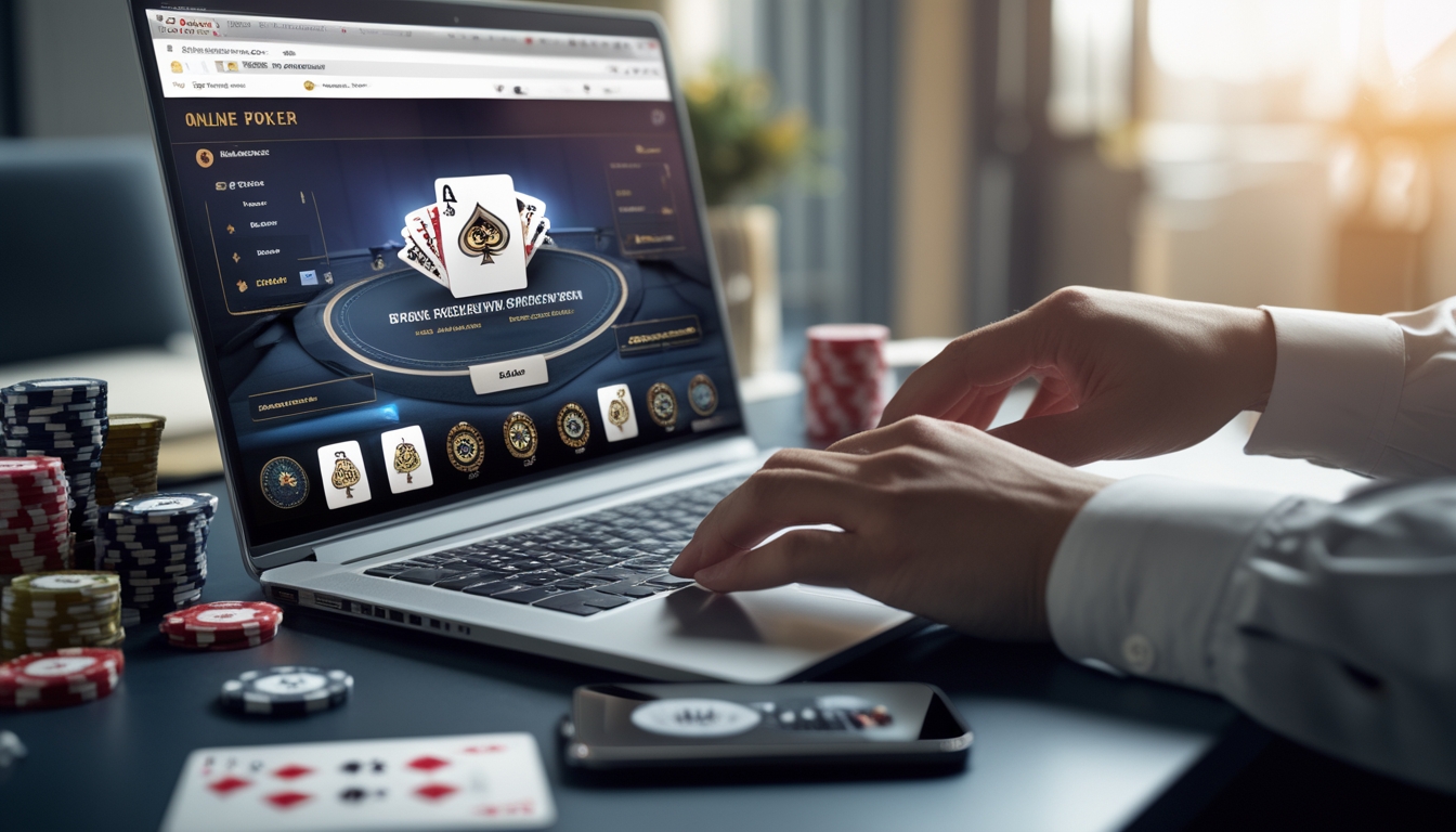 Seorang pemain poker online menggunakan laptop dengan chip dan kartu poker di meja, menunjukkan aktivitas permainan poker.