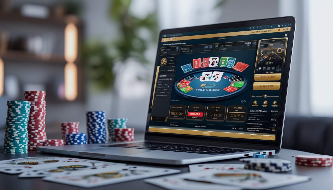 Sebuah laptop dengan permainan poker online di layar, dikelilingi chip poker dan kartu bermain di atas meja di ruangan yang terang.