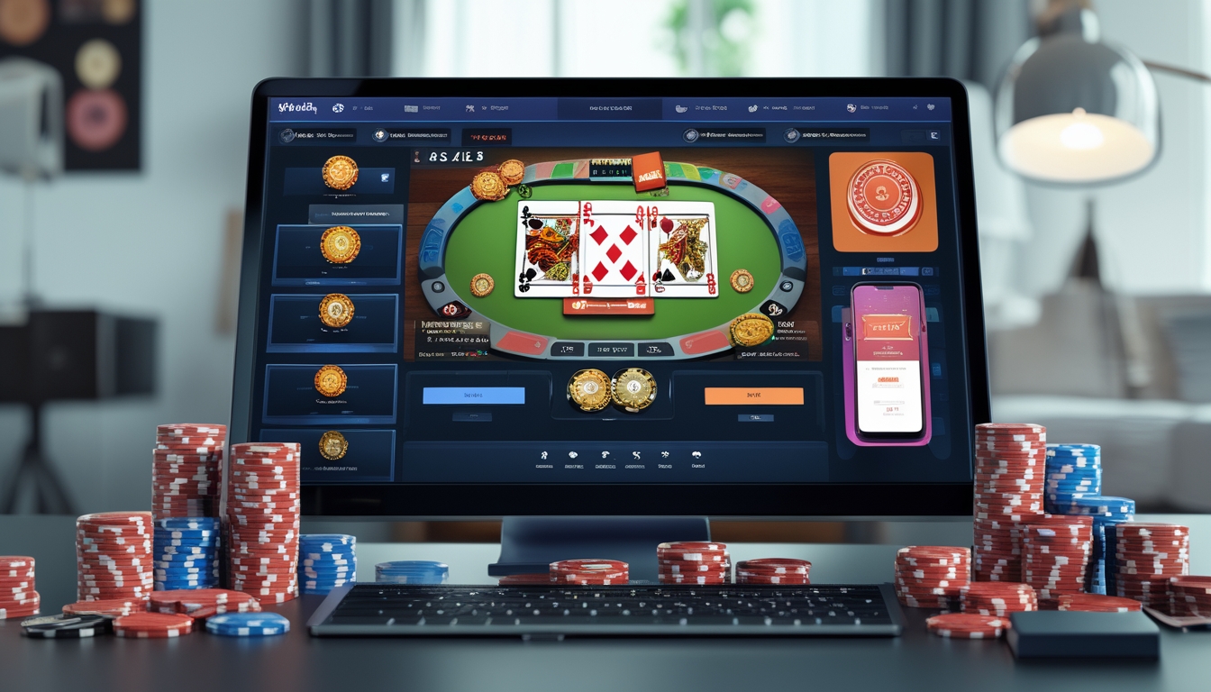 Seorang pemain poker online sedang bermain di komputer dengan chip poker dan kartu di meja, di sekitar terdapat ponsel dan catatan strategi.