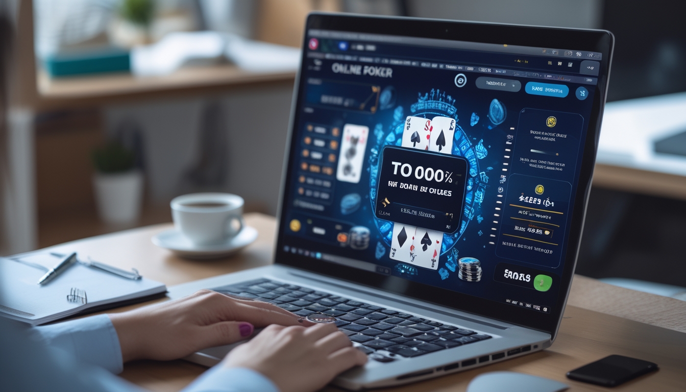 Seseorang menggunakan komputer dengan layar menampilkan permainan poker online dan chip poker di meja kerja.