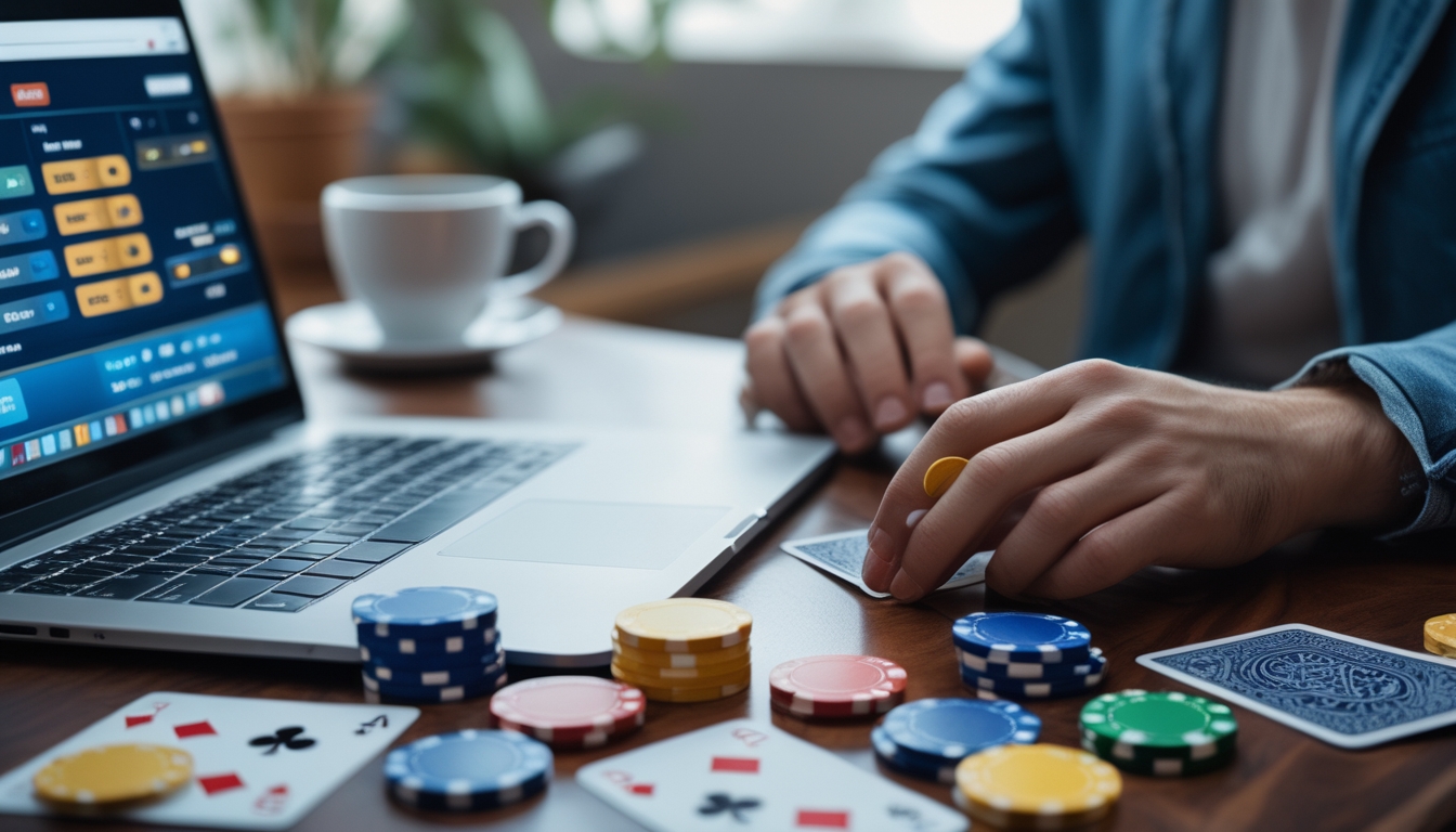 Seseorang menggunakan laptop dengan permainan poker online di meja kayu, dikelilingi chip poker dan kartu remi.
