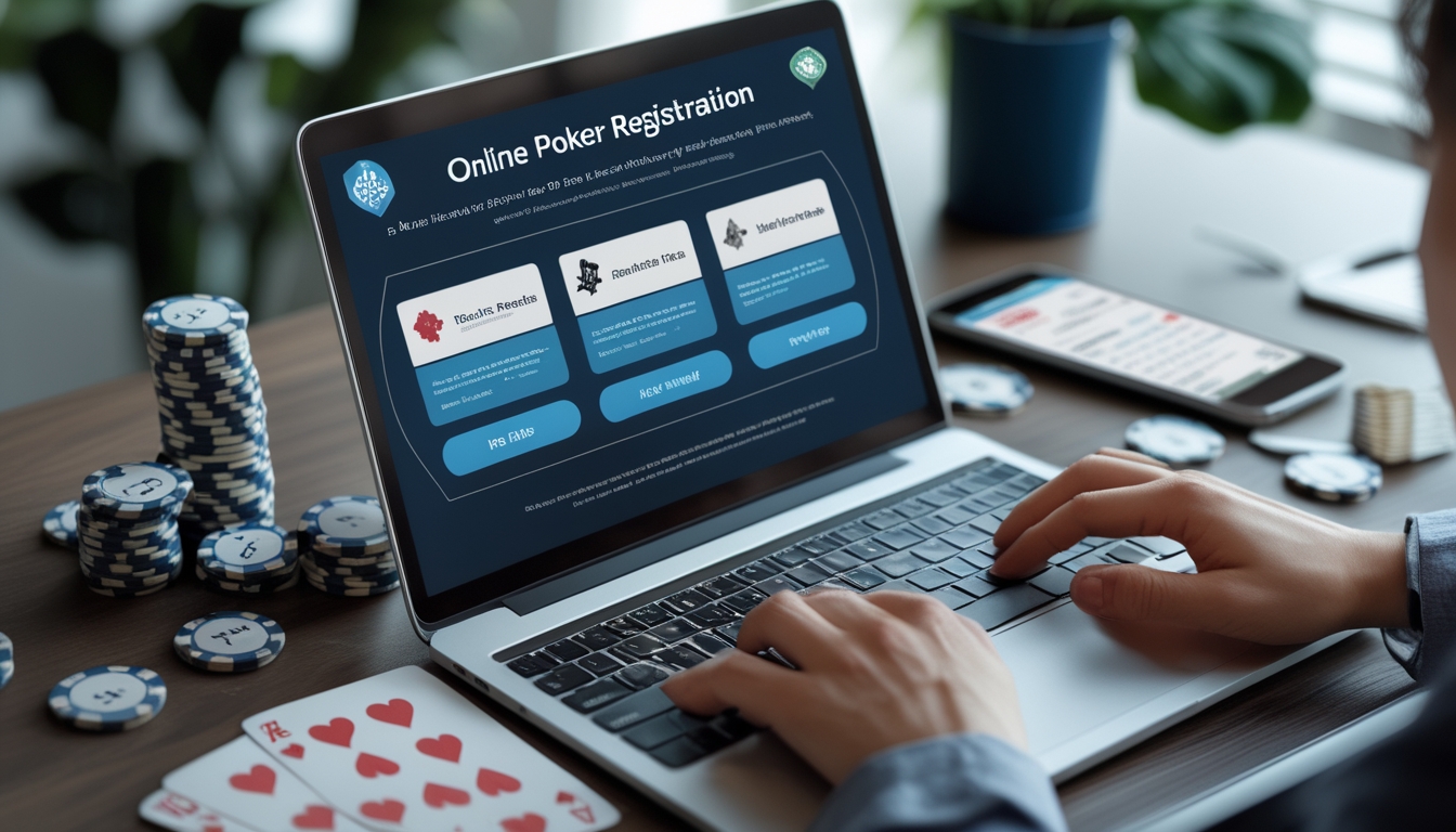 Tangan seseorang sedang mengetik di laptop dengan chip poker dan kartu bermain di meja, menunjukkan proses pendaftaran akun poker online.