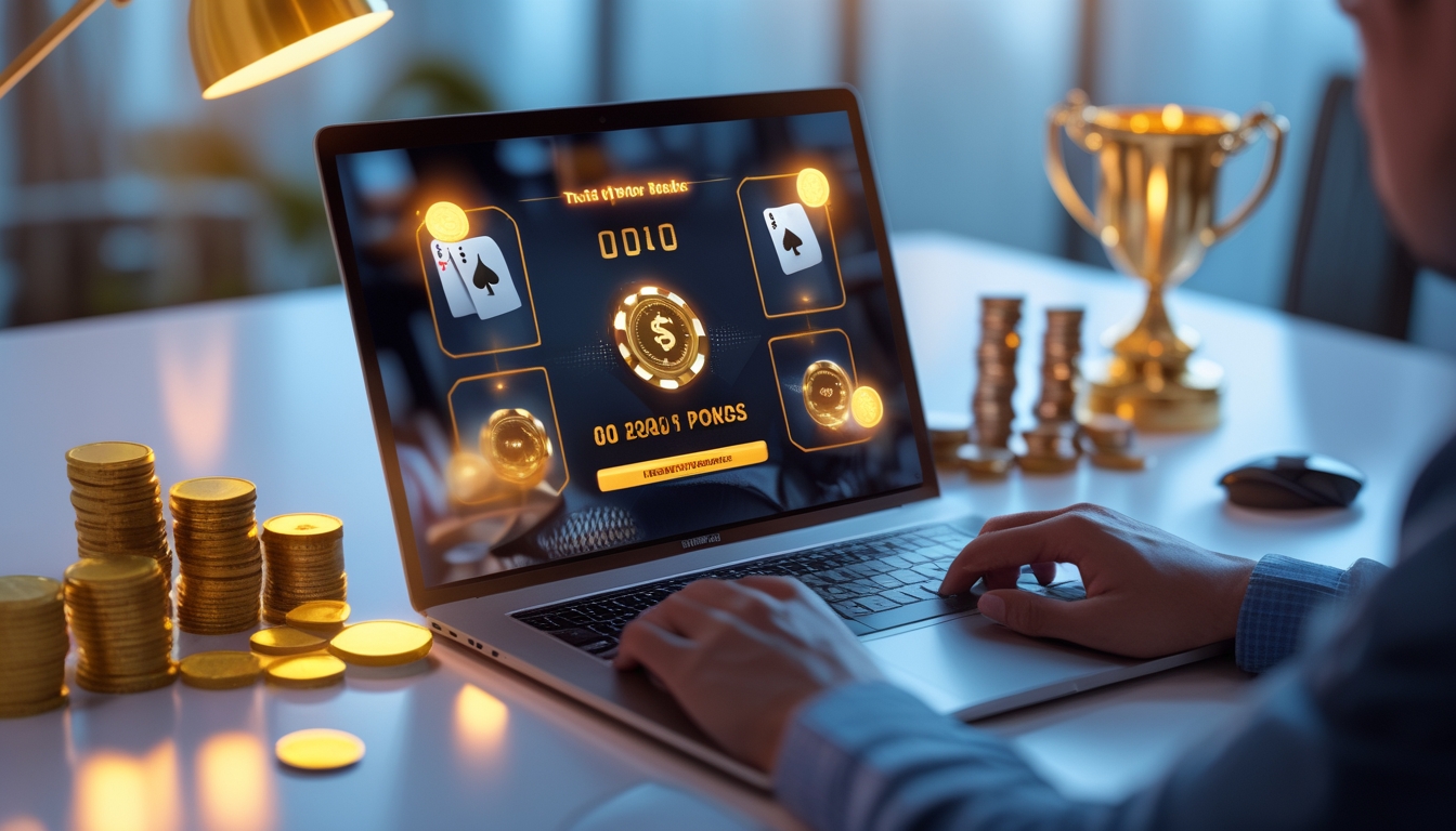 Seorang pemain poker online duduk di depan komputer dengan layar menampilkan permainan poker dan chip poker di sekitarnya.