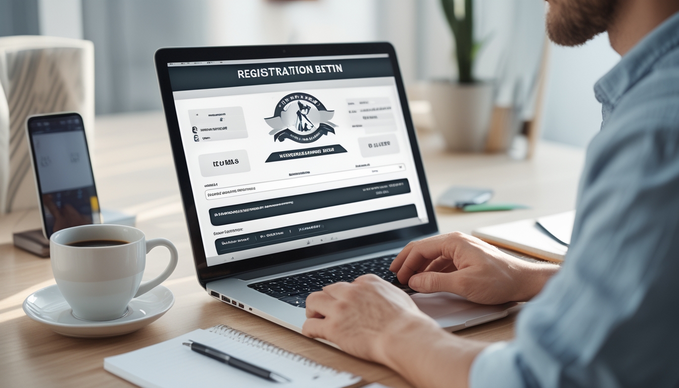 Seseorang sedang menggunakan laptop di meja kerja yang rapi untuk mendaftar akun secara online dengan suasana yang terang dan profesional.