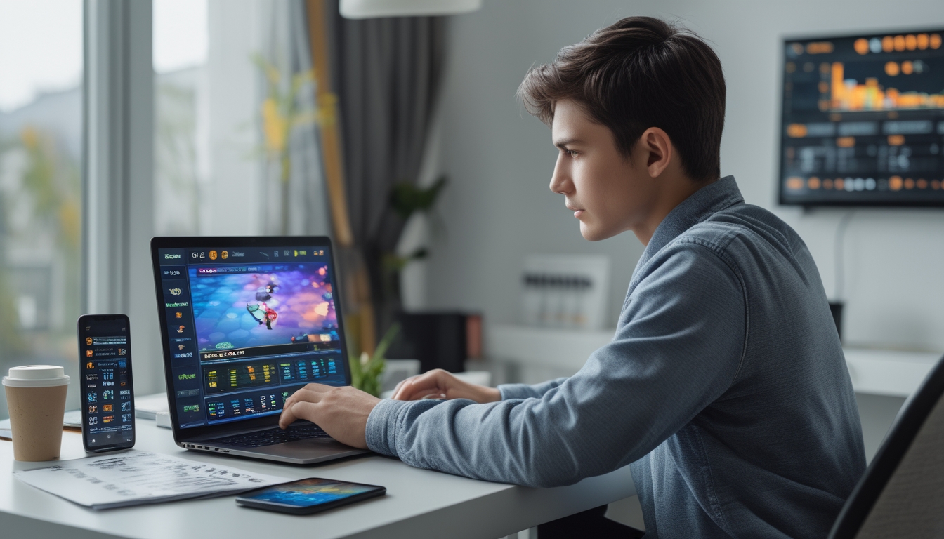 Seorang pria muda duduk di meja dengan laptop terbuka yang menampilkan permainan sabung ayam online, di ruangan yang terang dan nyaman.