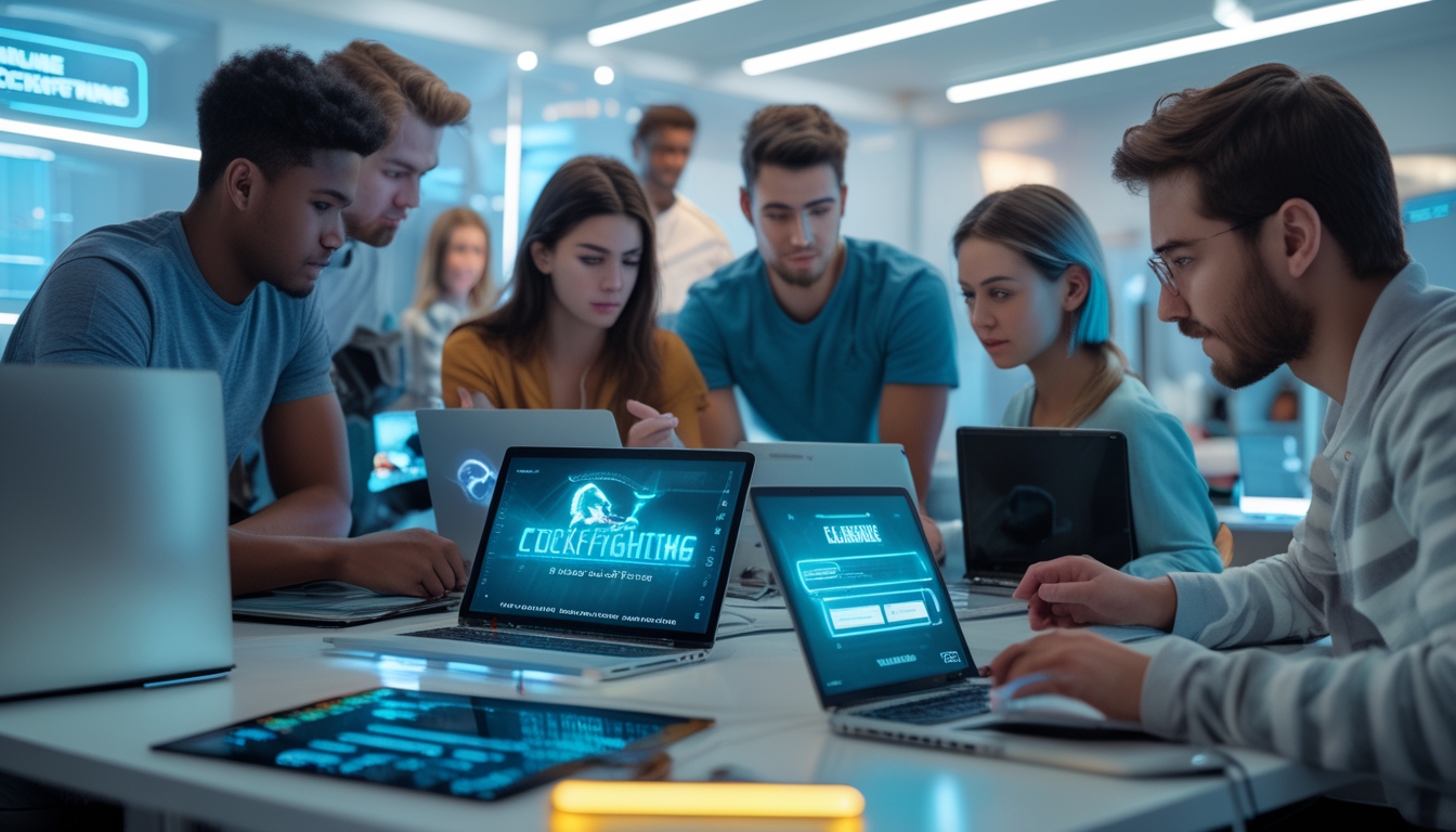 Sekelompok orang muda sedang berkumpul di ruang modern, menggunakan perangkat digital untuk bermain dan mendaftar sabung ayam online.