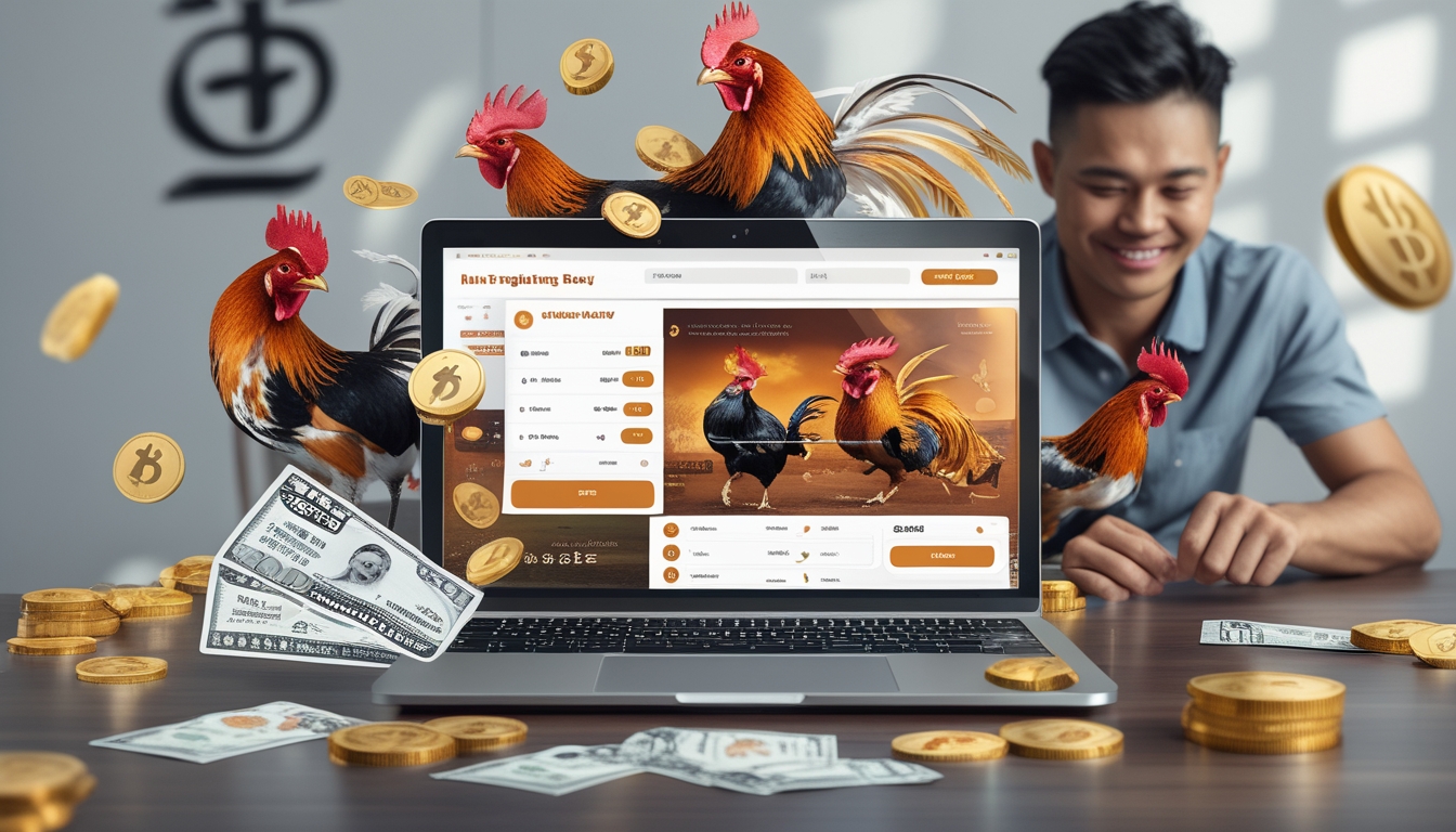 Seseorang menggunakan perangkat digital untuk memasang taruhan sabung ayam online dengan gambar ayam aduan di layar.