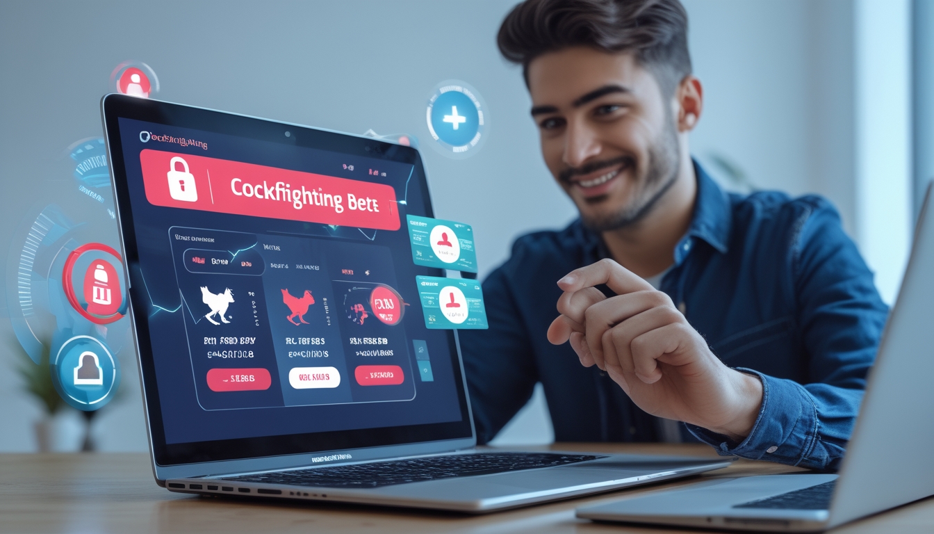 Seorang dewasa muda menggunakan ponsel dengan antarmuka taruhan online ayam aduan yang terlihat di layar, dengan latar belakang minimalis dan elemen digital yang menandakan keamanan dan kepercayaan.