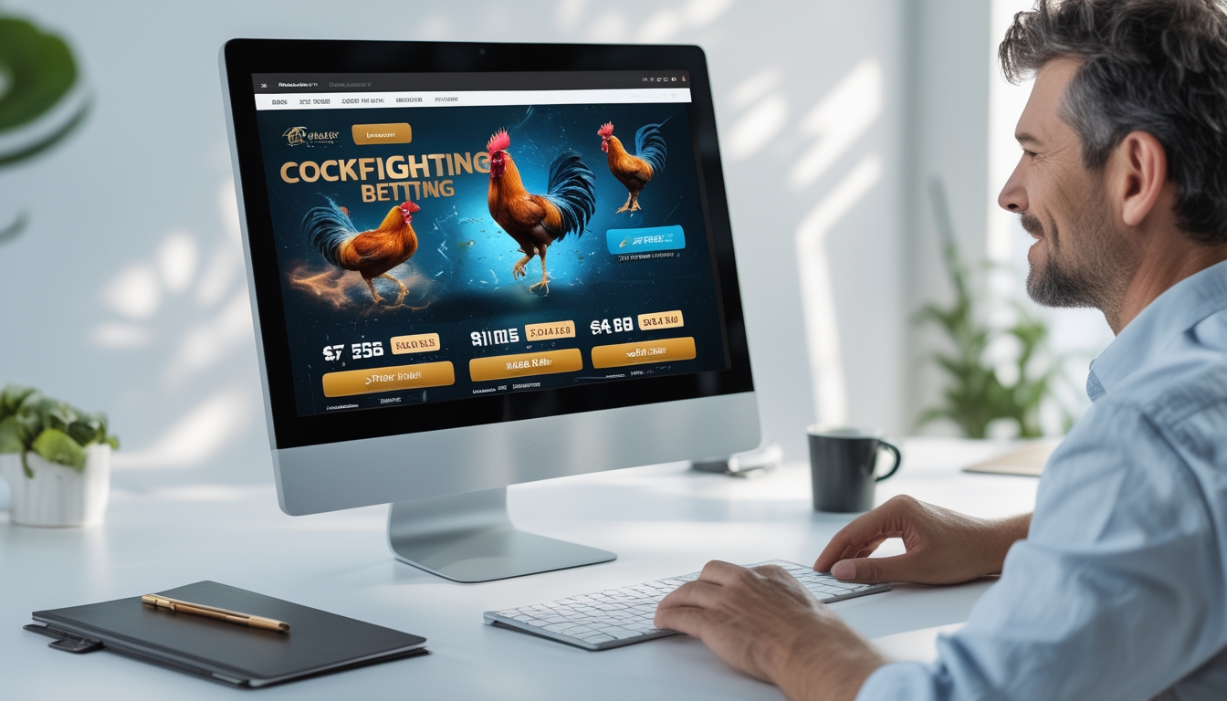 Seseorang menggunakan komputer dengan tampilan situs taruhan sabung ayam online di layar, di meja yang rapi dengan suasana rumah atau kantor yang nyaman.