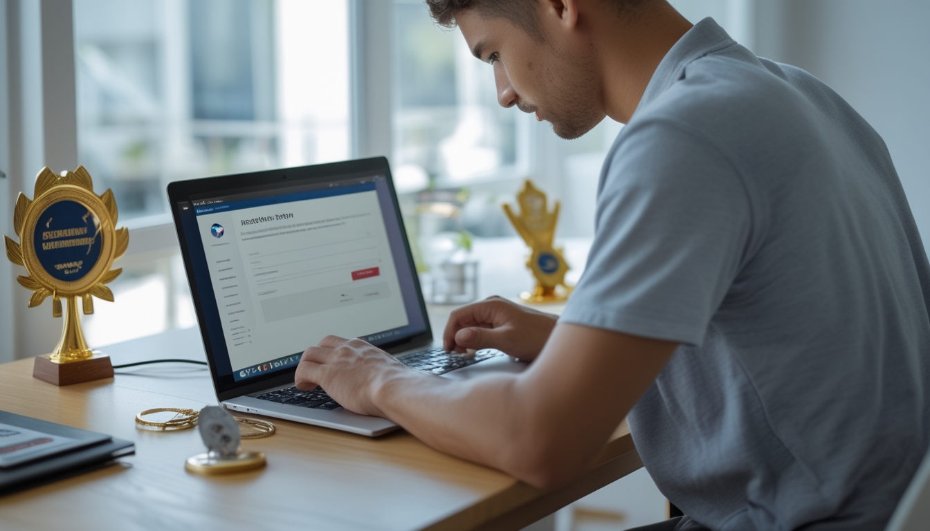 Seseorang sedang mendaftar sabung ayam online menggunakan laptop di meja kerja dengan piala kecil di sampingnya.