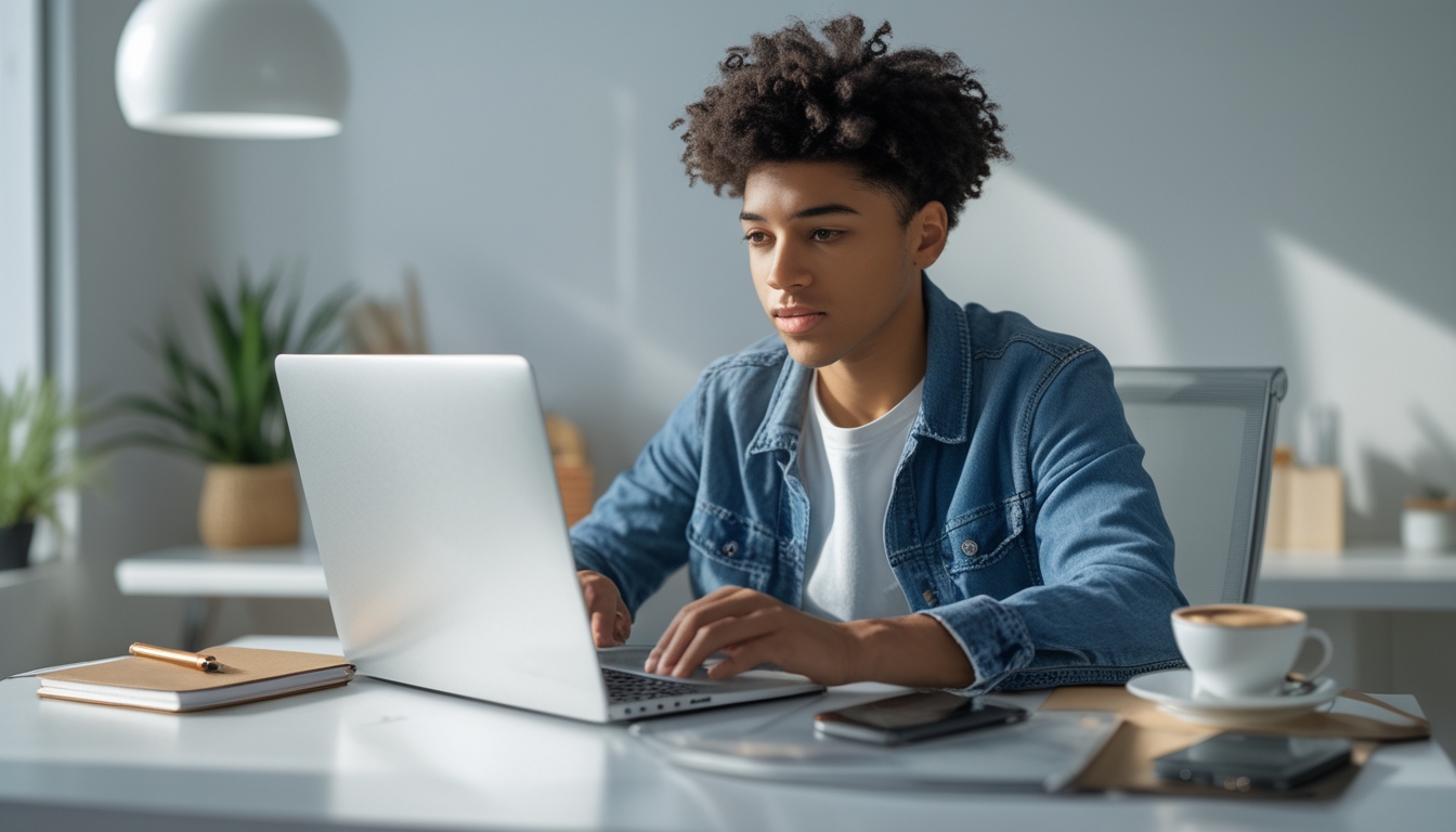 Seseorang duduk di meja dengan laptop terbuka, mempersiapkan diri untuk mendaftar secara online dengan suasana yang tenang dan rapi.