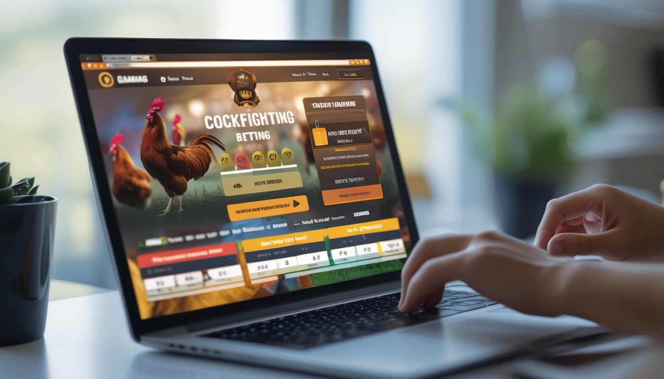 Seseorang menggunakan komputer untuk memasang taruhan sabung ayam secara online dengan layar menampilkan situs taruhan yang aman dan menarik.
