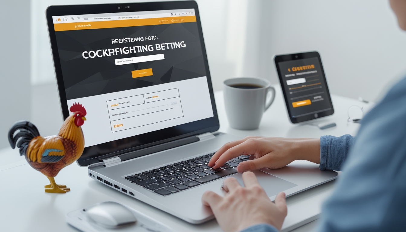 Seseorang sedang mendaftar akun online di depan laptop dengan latar ruang kerja yang rapi dan elemen kecil seperti figur ayam jago dan ponsel di meja.