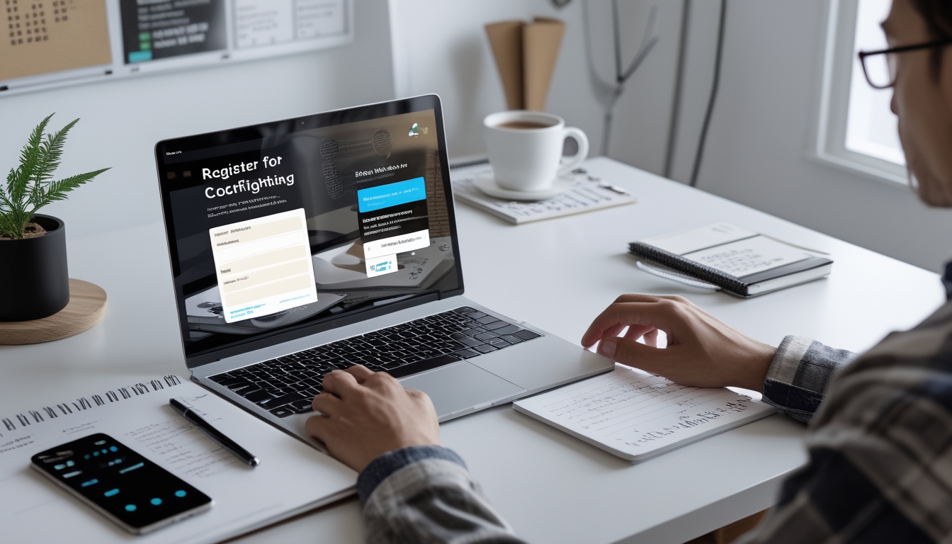 Seseorang duduk di meja kerja dengan laptop dan ponsel, sedang mempersiapkan pendaftaran online dan bergabung dengan komunitas taruhan ayam.